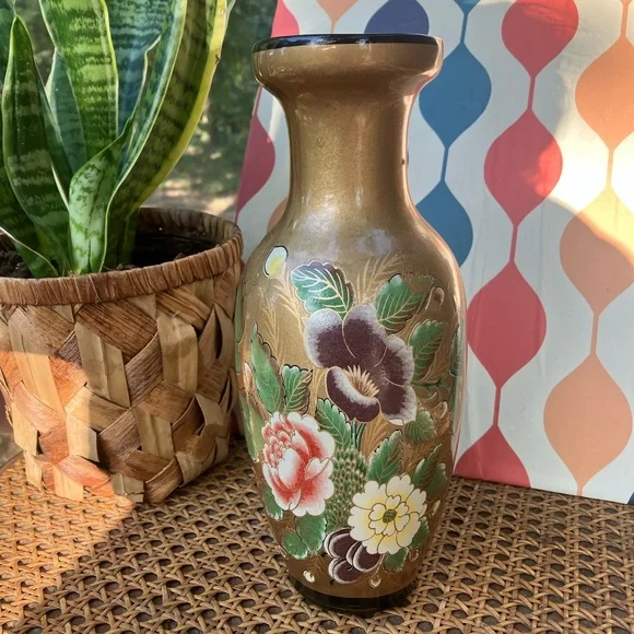 Golden Chinoiserie Painted Peonies Ceramic Vase - Picture 2 of 12